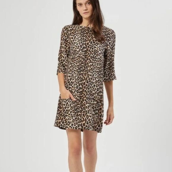 Equipment Aubrey Leopard Spotted 100% Silk 3/4 Sleeve Shift Dress Women's Small - Picture 2 of 14